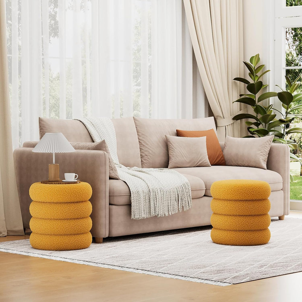 Soft Teddy Round Ottoman with Tray, 17.5 Inches Ottoman Coffee Table with Sto...