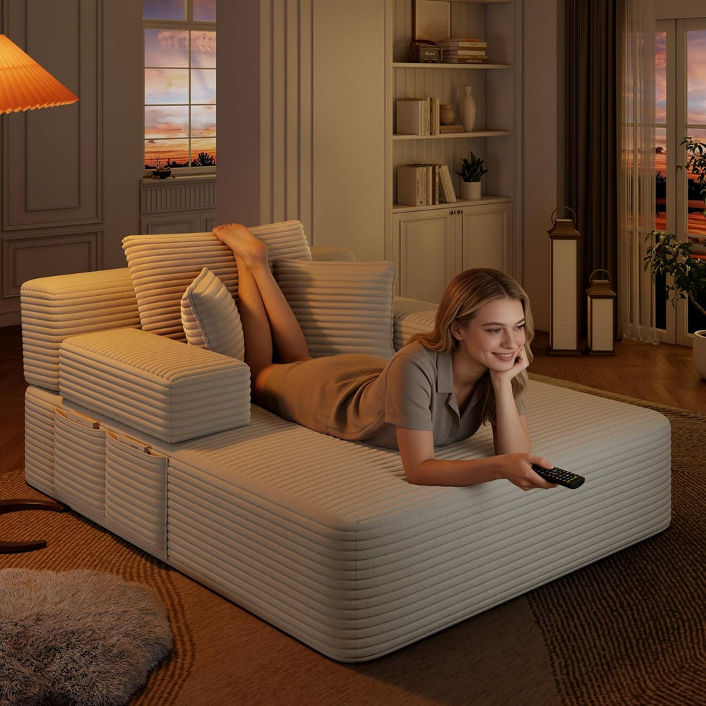 Oversized Boneless Chaise Lounge Chair Indoor, 60”,White | Corduroy Convertib...