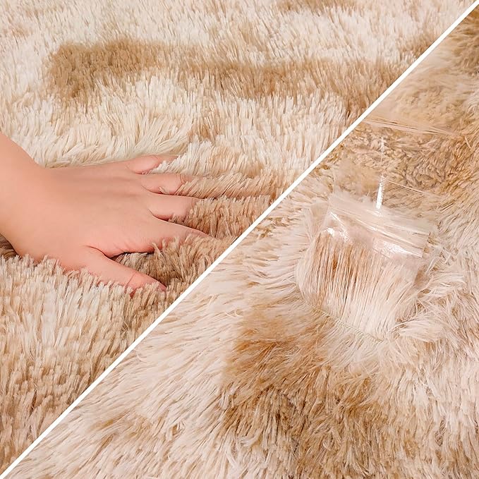 Super Soft Fluffy Living Room Area Rugs 2x10 ft Tie-Dyed Beige Shaggy Furry