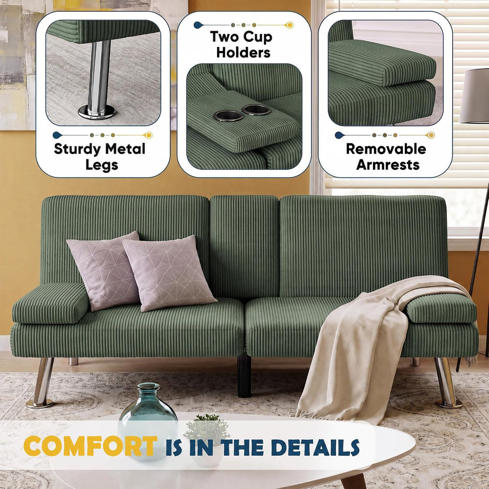 Furmax Convertible Futon Sofa Bed with Adjustable Backrest & 2 Cup Holders