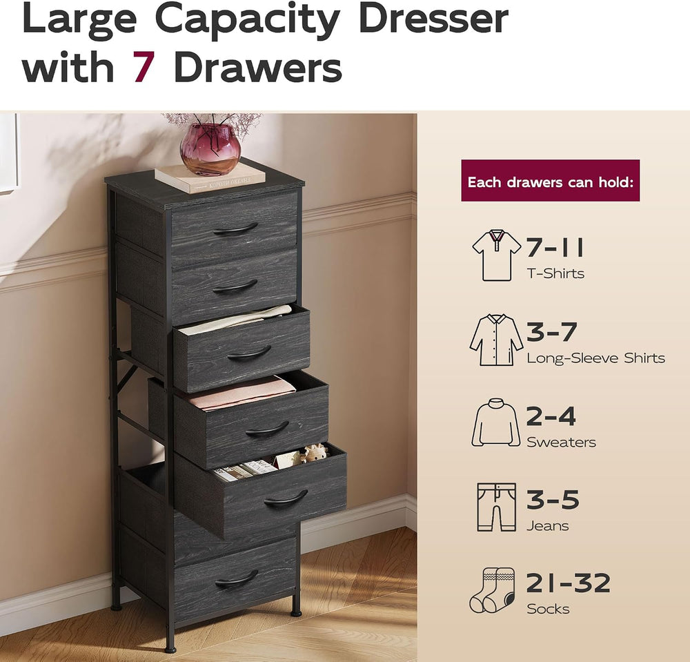 WLIVE Tall Dresser for Bedroom, 7 Drawer Dresser, Black Wood Grain