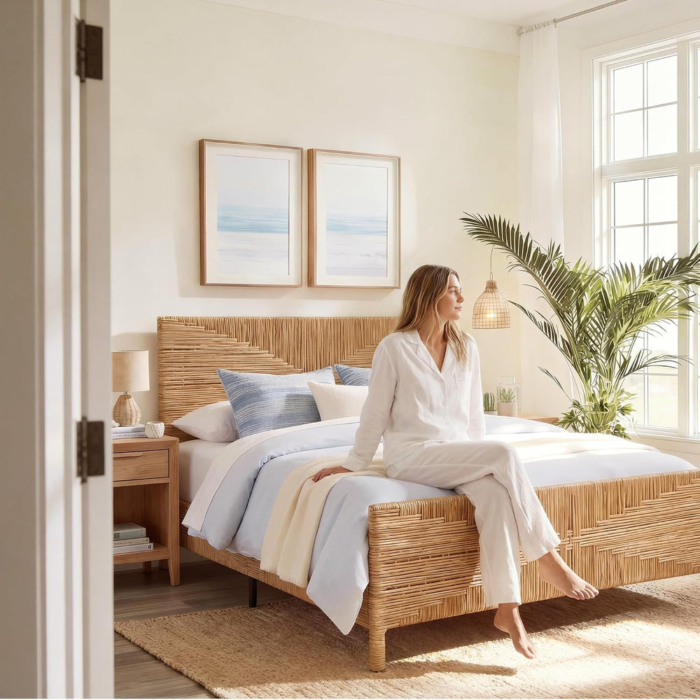 Brafab Boho Rattan Full Size Bed Frame with Headboard and Footboard