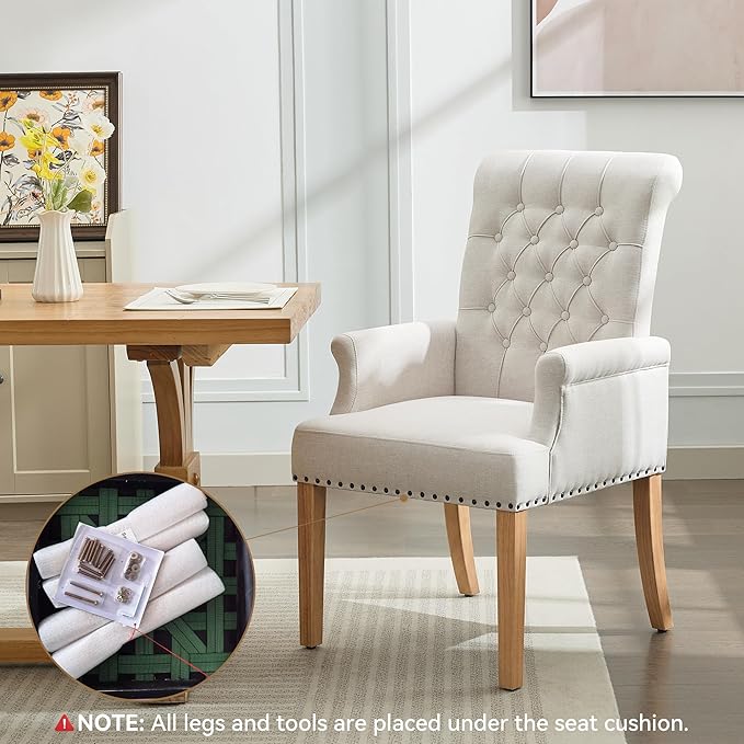 Fabric Dining Chair with Arms, Upholstered Tufted High Back Dining Room Chair...