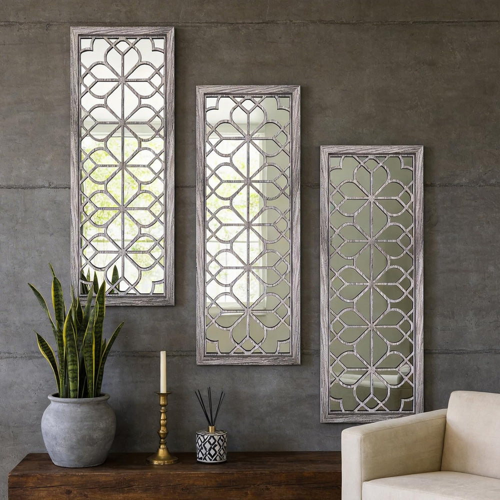 Set of 2 16x41.5 Inch Large Carved Floral Wood Frame Wall Mirrors, Shatterpro...