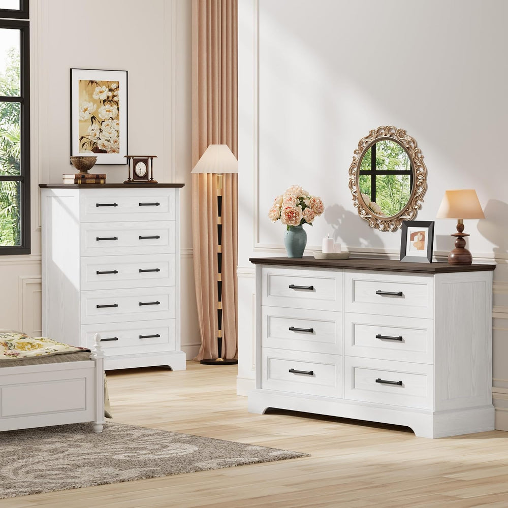 Furmax Farmhouse Dresser for Bedroom, 6 Drawers Dresser, White & Brown
