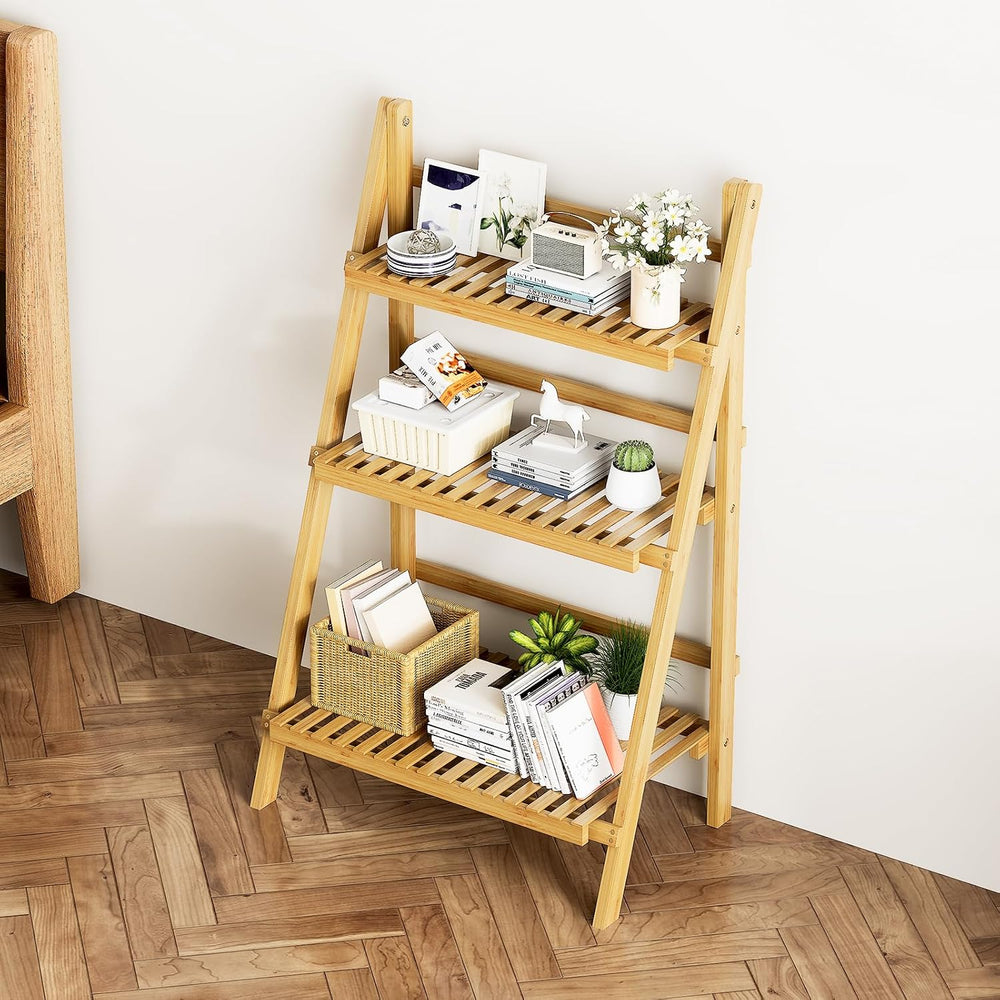 Foldable Ladder Shelf 39.4", Plant Shelf 3 Tier, Bamboo Ladder Flower Po...