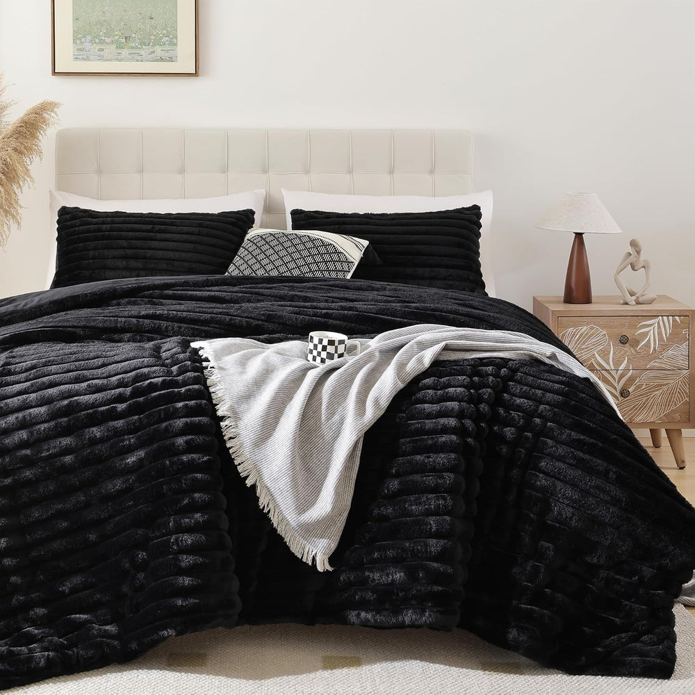 Smoofy Fluffy King Size Comforter 3 PCS - Black Fleece Bedding Set