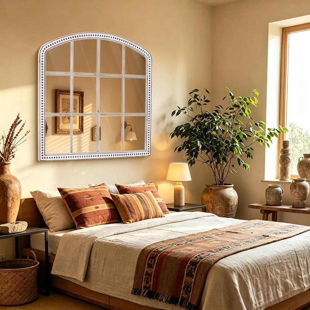 36x36 Inch Farmhouse Arched Window Mirror, Distressed Wooden Wall Mirrors