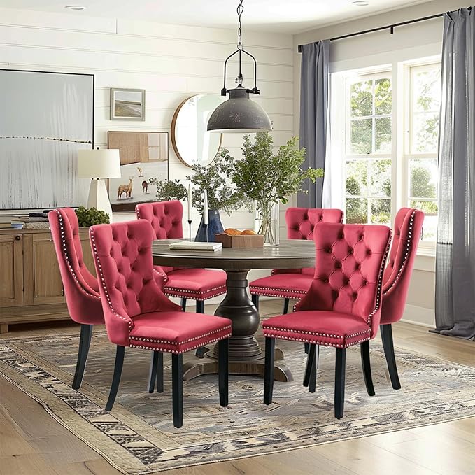 Velvet Upholstered Dining Chairs Set of 6, Modern Style Kitchen Side Chairs w...