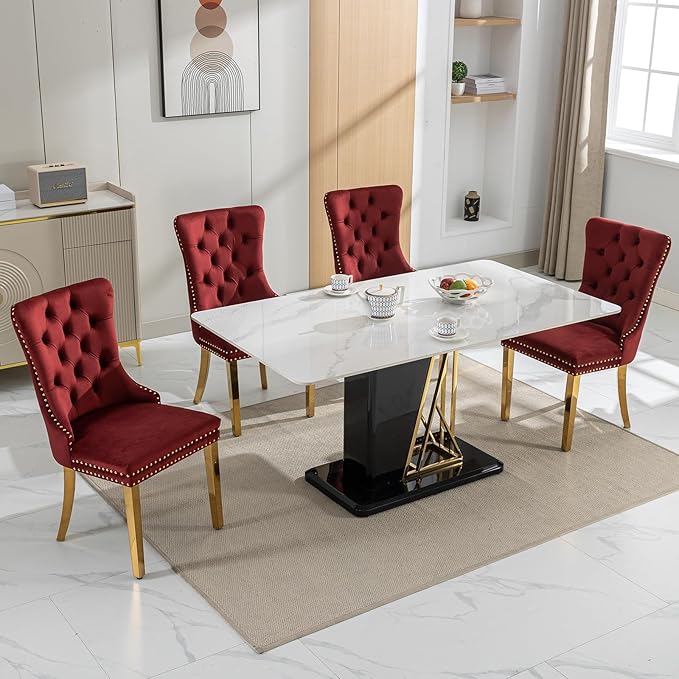 Luxury Upholstered Dining Chairs Set of 2, Red Kitchen Chair with Golden Meta...