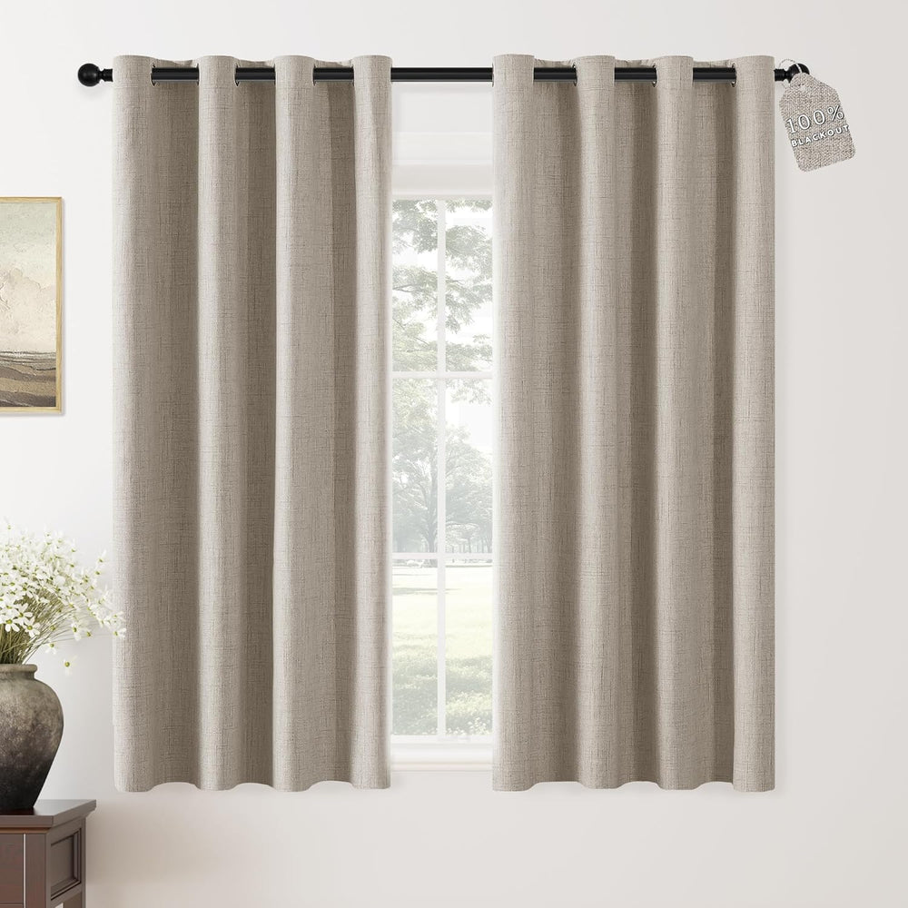 ChrisDowa Linen Blackout Curtains 63 Inch Length 100% Blackout Curtain