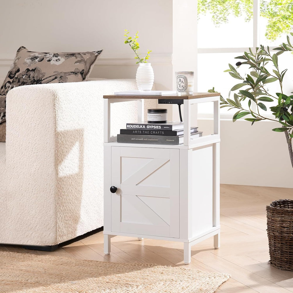 Yoobure Farmhouse NightStand with Charging Station,Wood Night Stand End Table...