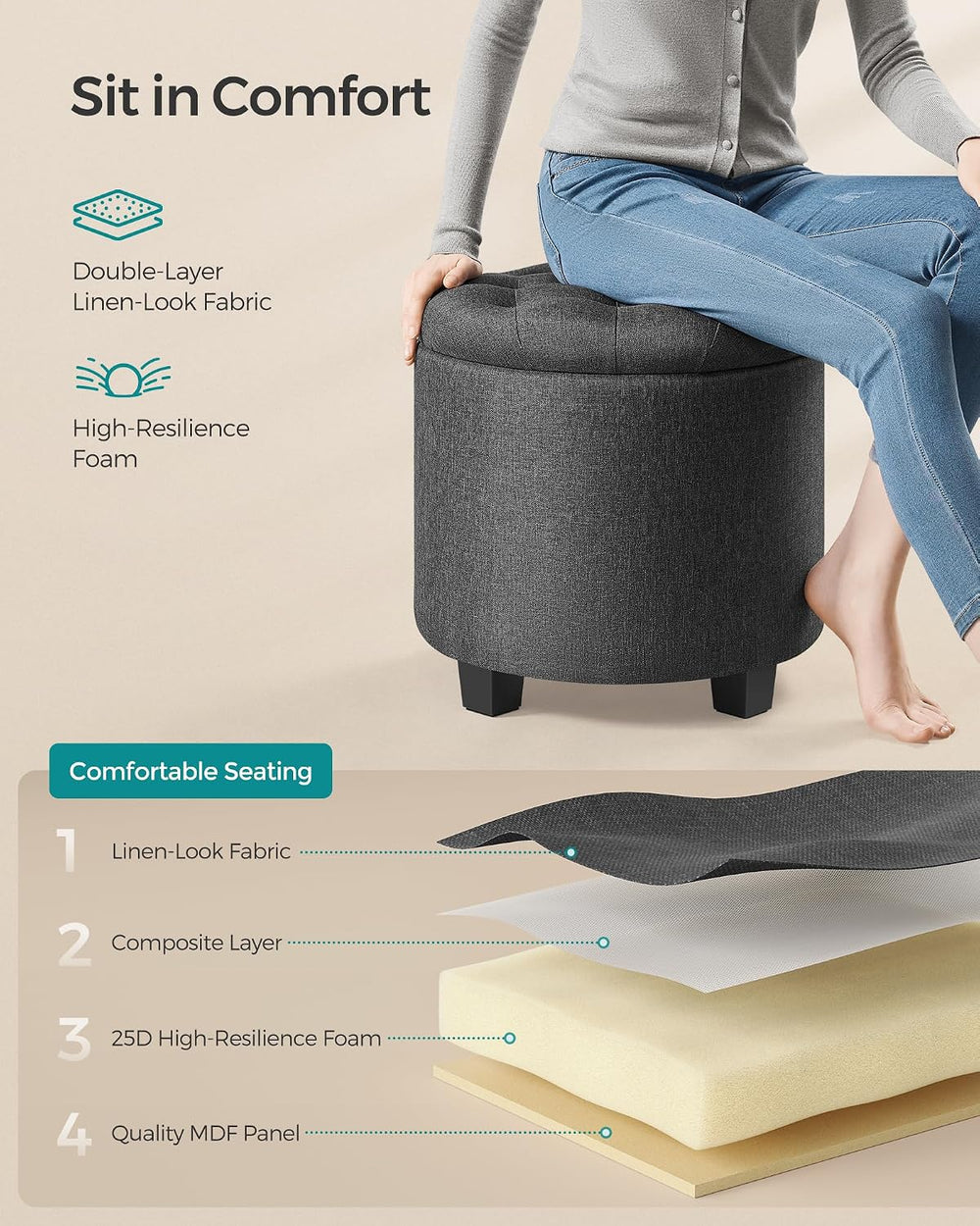 SONGMICS Round Ottoman with Storage, Vanity Stool, Linen-Look Fabric