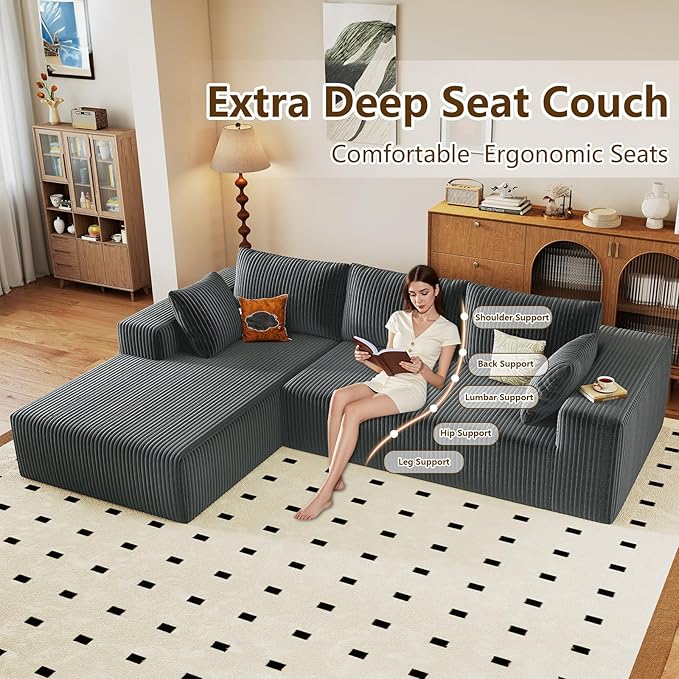 96" Modular Sectional Couch, Boneless L Shaped Cloud Sofa with Chaise Lo...