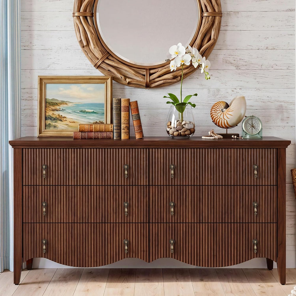 senlin 3-Piece Farmhouse Bedroom Set,6-Drawer Dresser,2 Nightstands,Walnut