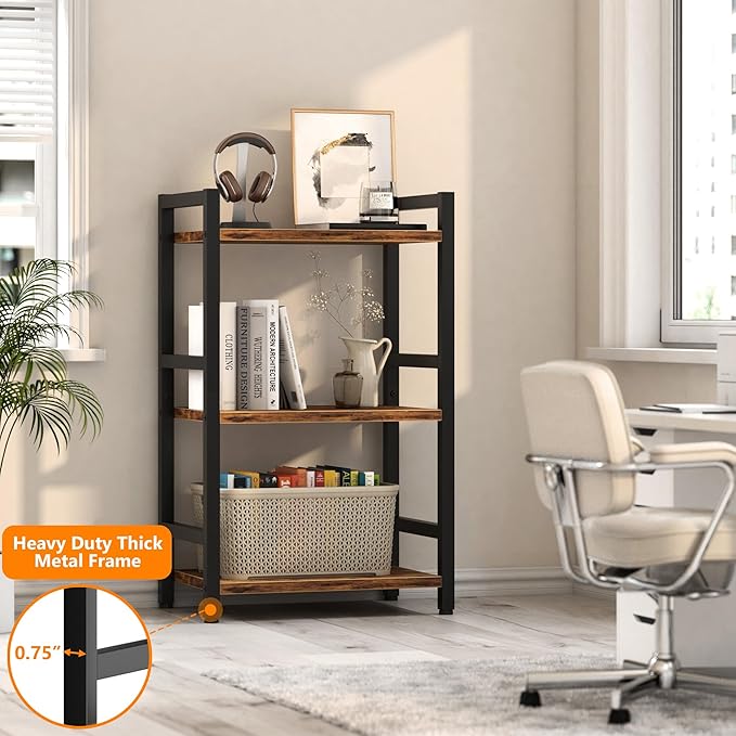 Book Shelf, 3 Tier Bookcase with Steel Frame, Stable Bookshelf Narrow Book Sh...