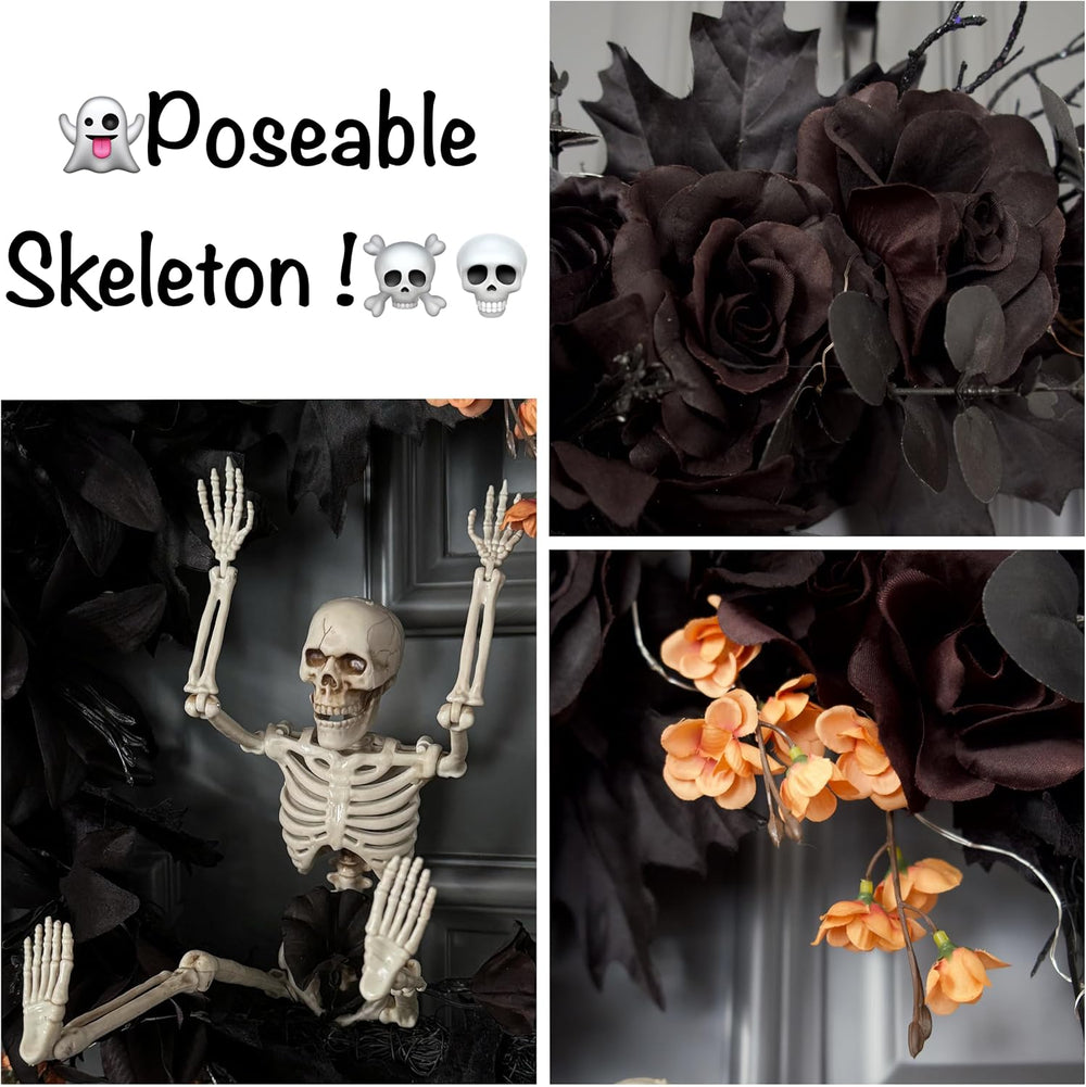20" Pre-lit Halloween Black Moon Wreath with Poseable Skeleton, Handmade...