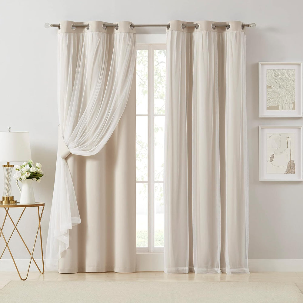 Bujasso Beige 90% Blackout Curtains with Sheer Overlay Mix and Match Double L...
