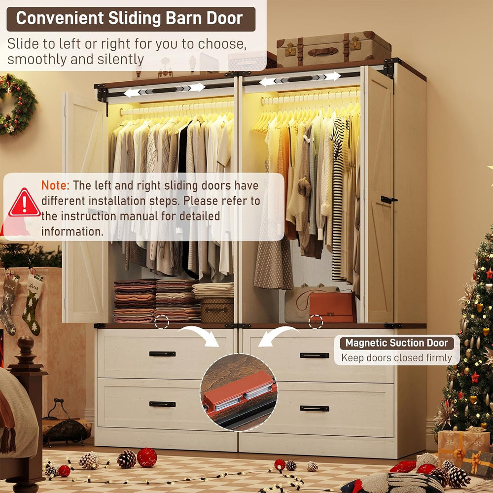 2 Doors Armoire Wardrobe Closet w/ Folding Sliding Barn Door,Antique White