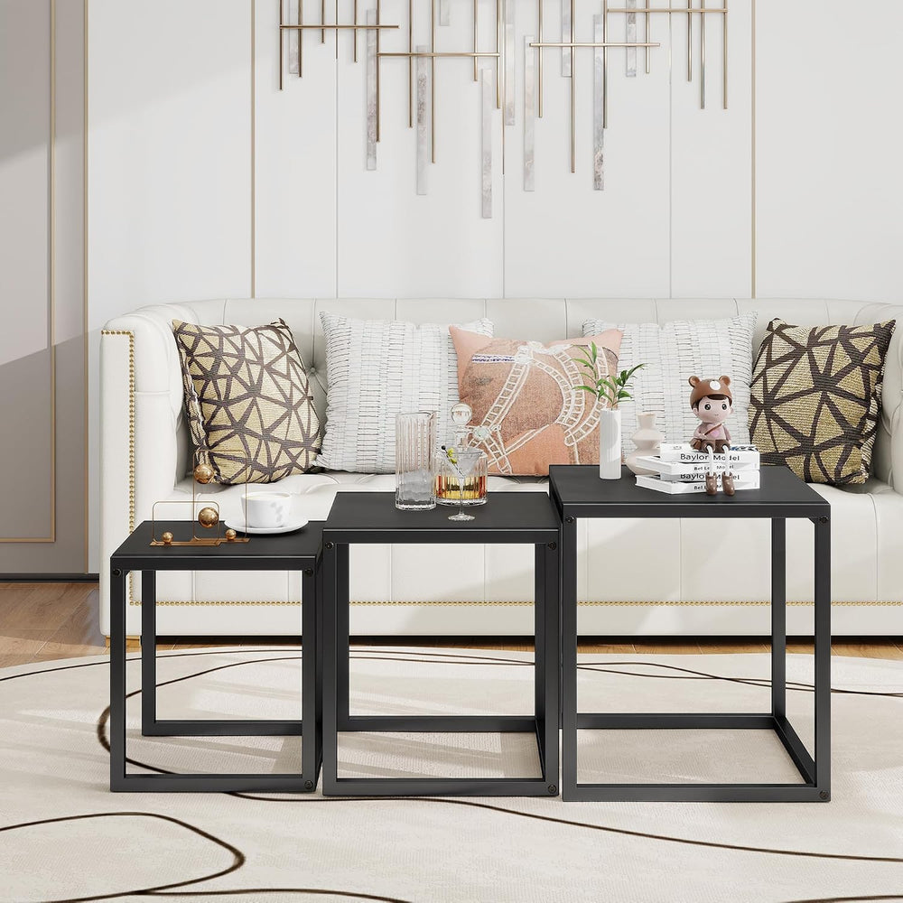 Nesting Coffee Table Set of 3, Stacking Metal Side Tables, Black