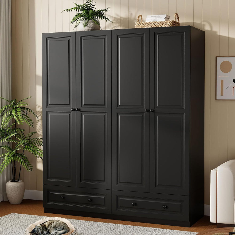 Black Armoire Wardrobe Closet with 2 Drawers, 74" Tall X 63" Wide