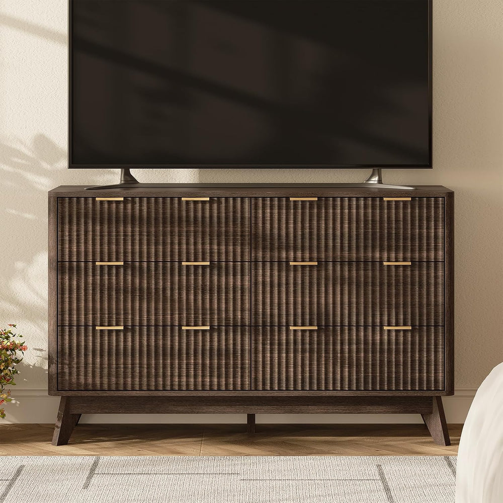 47" Wide Fluted 6 Drawers Dresser for Bedroom,Curved Edge,Walnut