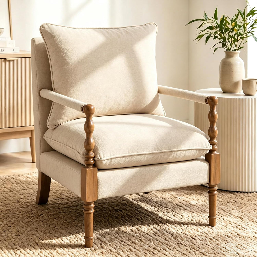 Accent Chair for Living Room, Farmhouse Linen Fabric Spindle Accent Chair wit...