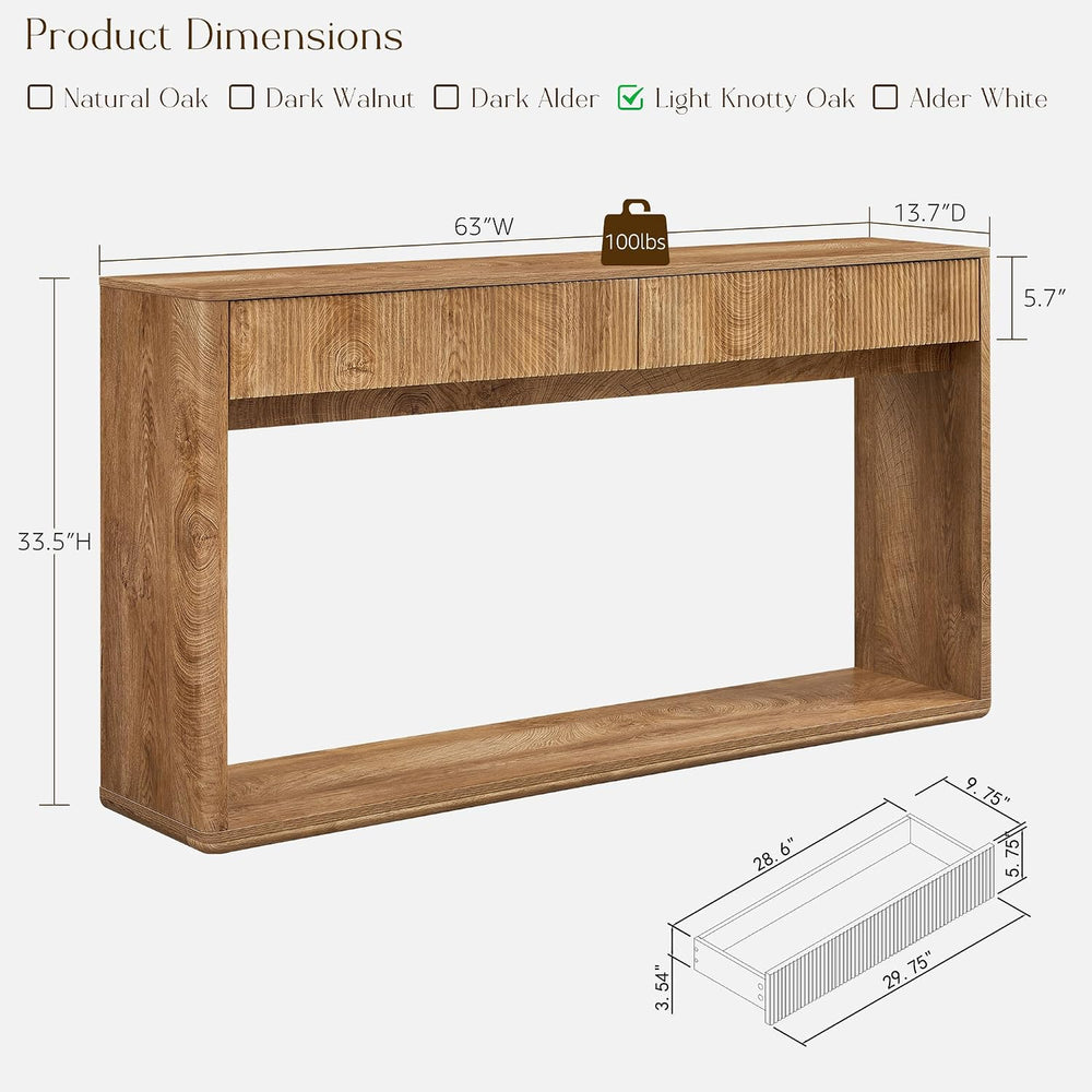OKD 63" Fluted Console Table for Entryway with 2 Drawers, Light Knotty O...