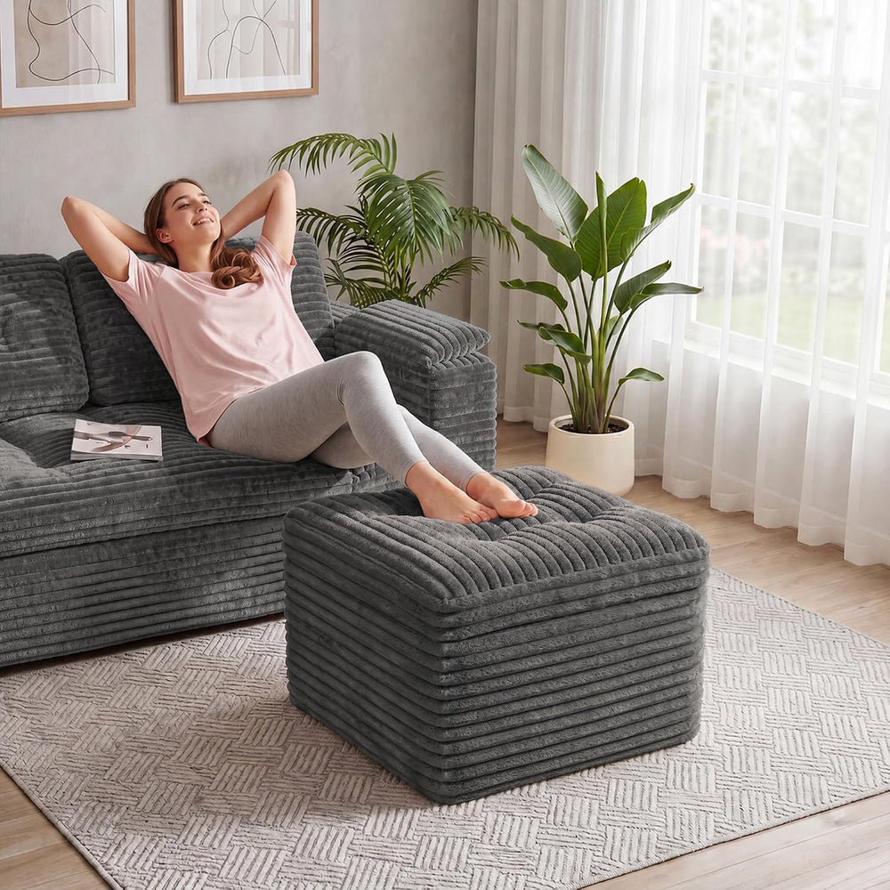 23.6in Pouf Ottoman, Corduroy Footstool Foot Rest Floor Seating