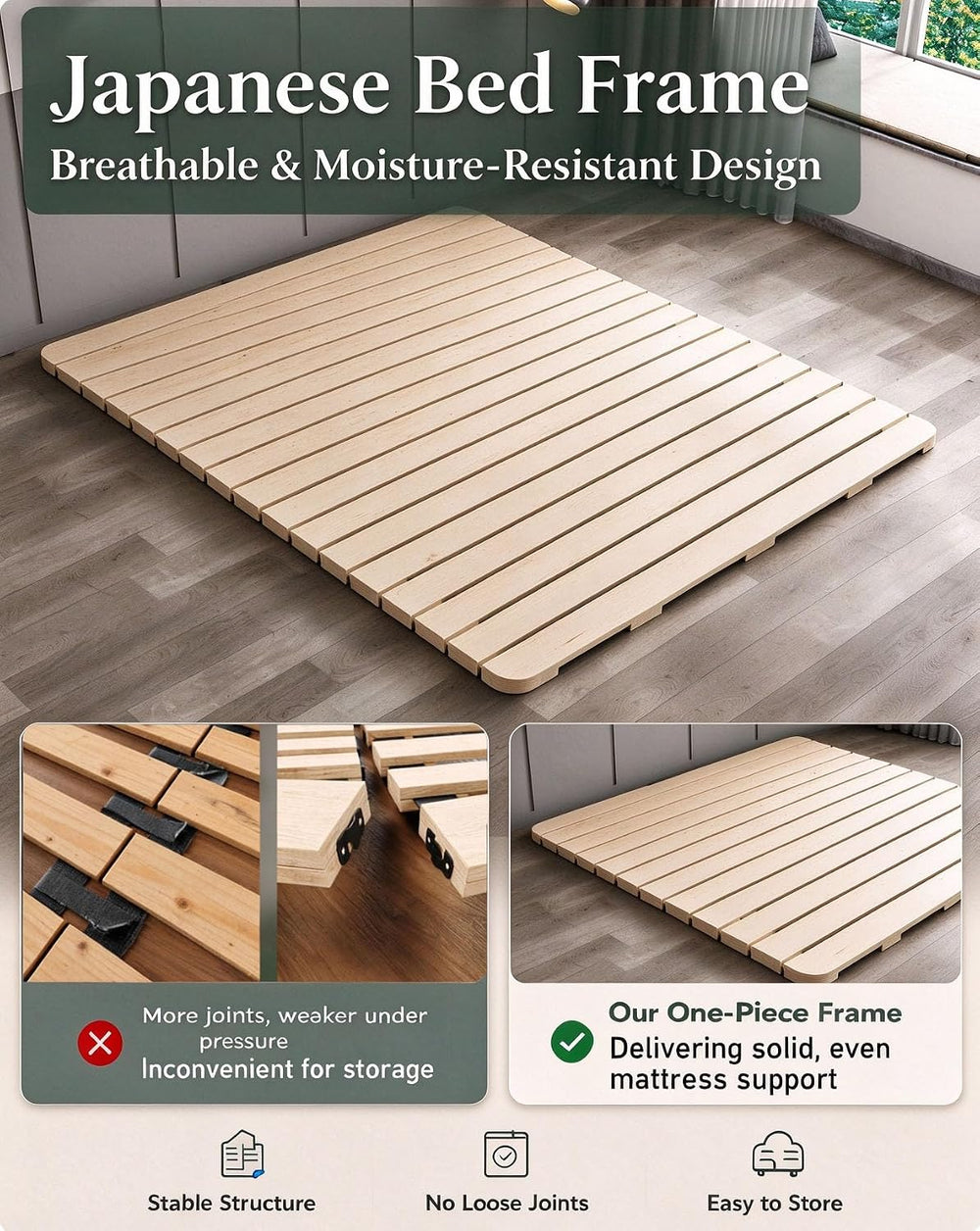 Floor Bed Frame Japanese Bed Frame Solid Wood Foldable Slatted Bed Base Guest...
