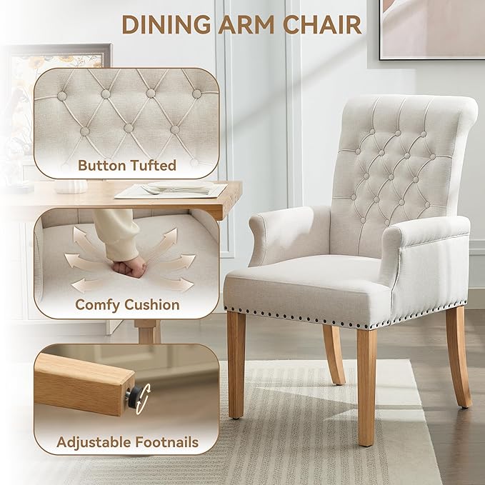 Fabric Dining Chair with Arms, Upholstered Tufted High Back Dining Room Chair...