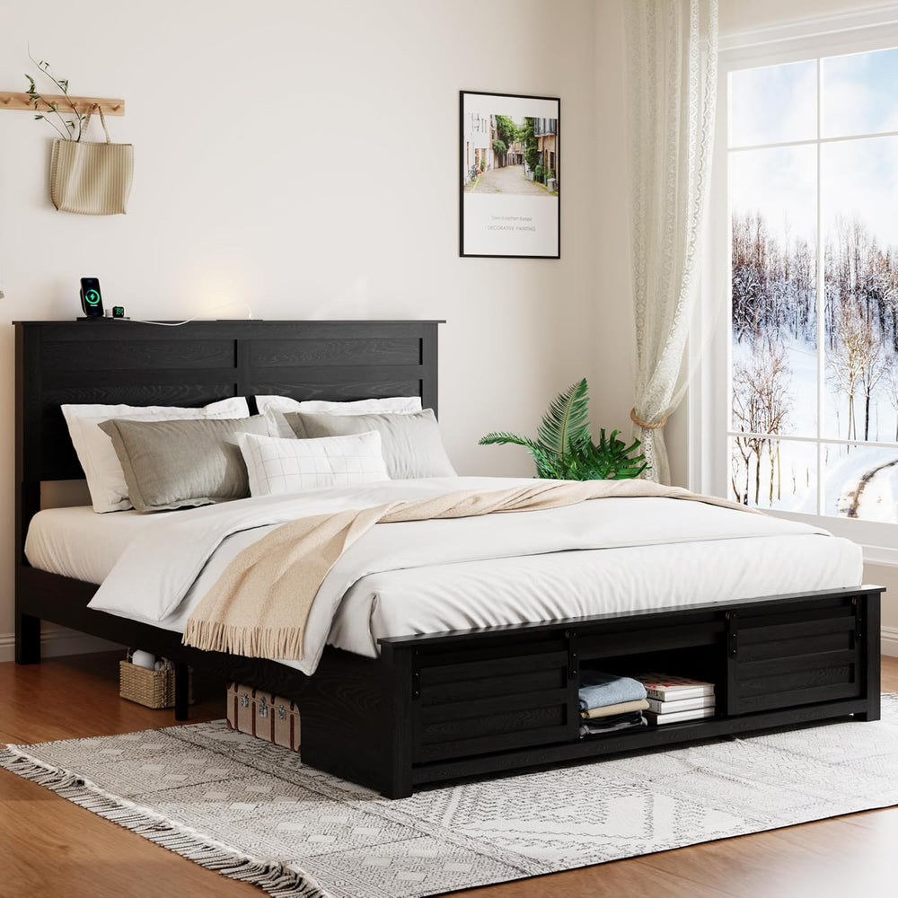 Wooden Queen Bed Frame with Headboard, Farmhouse Storage, Barn Door