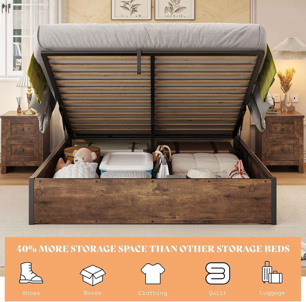 AMERLIFE Full Lift Up Storage Bed Frame, Rustic Brown