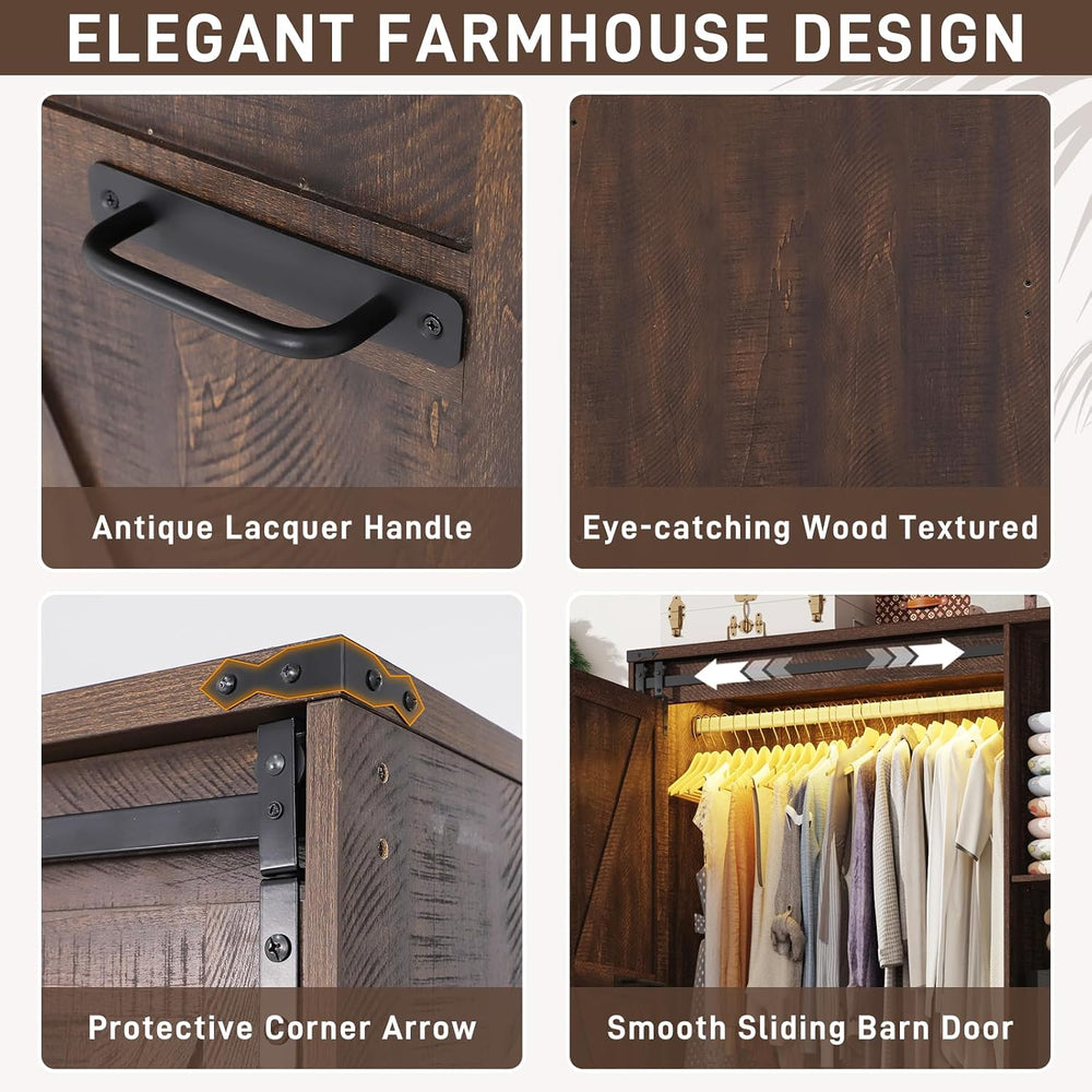 Farmhouse 3 Doors Armoire Wardrobe Closet w/Folding Sliding Barn Door and Lig...
