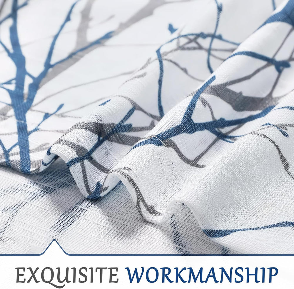 FMFUNCTEX Linen Blue White Semi Sheer Print Curtains 84 Inch Long 2 Panels