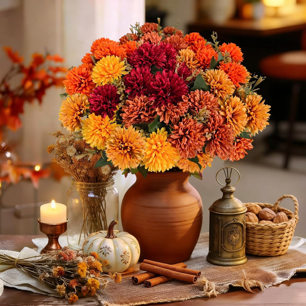 10Pcs Fake Flowers Artificial Mums for Outdoors,UV Resistant Faux Mums for Ou...