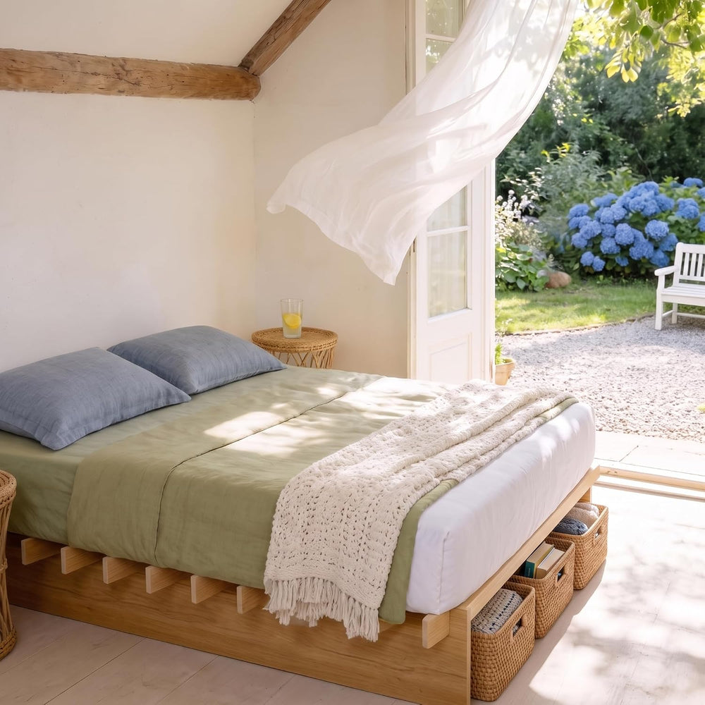 XIAO WEI Queen Wood Platform Bed Frame, Tool-Free Bed Frame, Natural