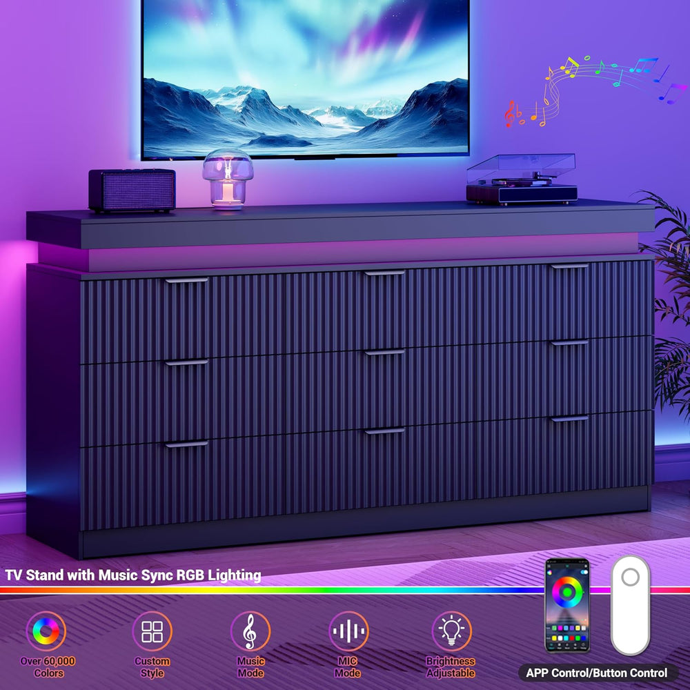 Fluted 9 Drawer Dresser for Bedroom with Charging Station, Black