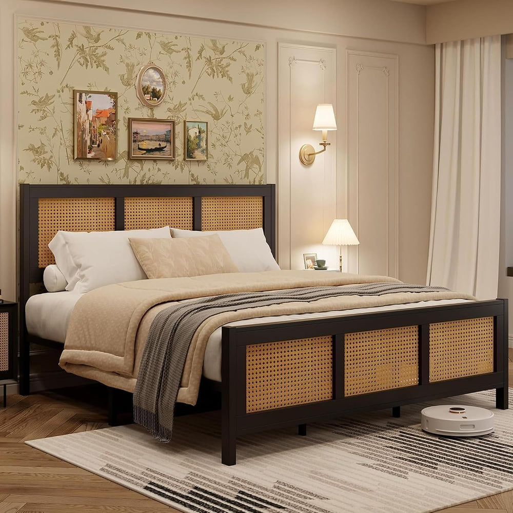 IDEALHOUSE Rattan Bed Frame with Headboard, Boho Full Size Bed Frame, Black
