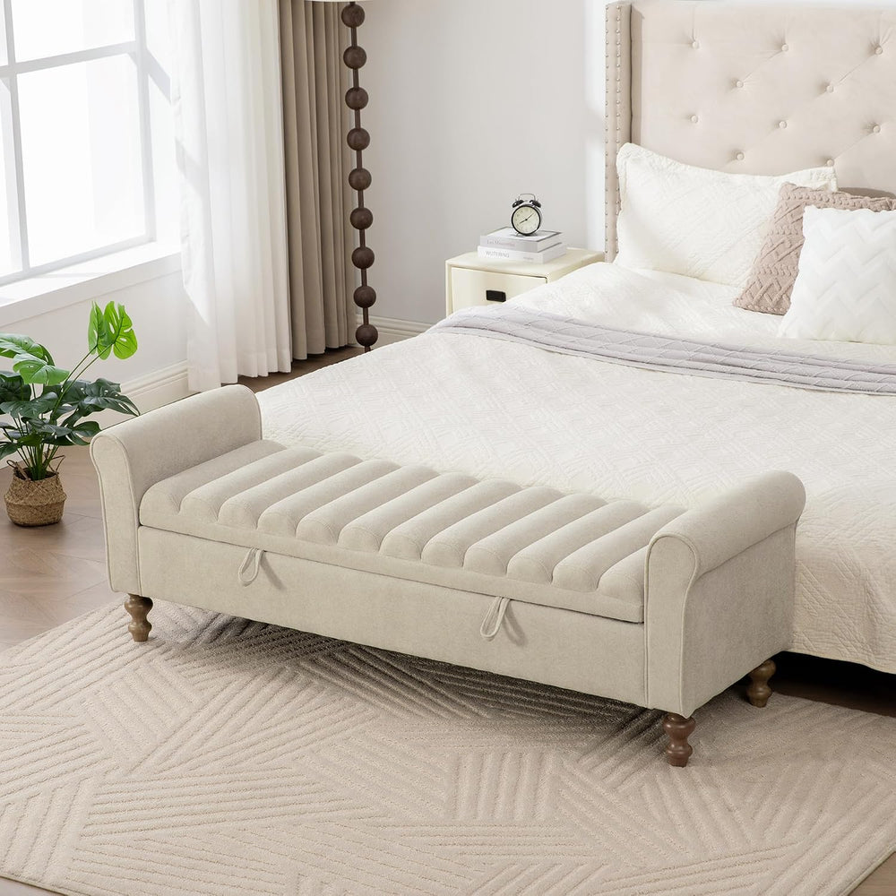 KEIKI 65.6" Modern Upholstered Storage Bench with Double Lids, Ottoman w...
