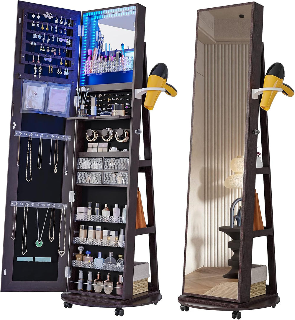 HNEBC 360° Swivel Jewelry Armoire with Mirror, LED Mirror Jewelry Cabinet Sta...