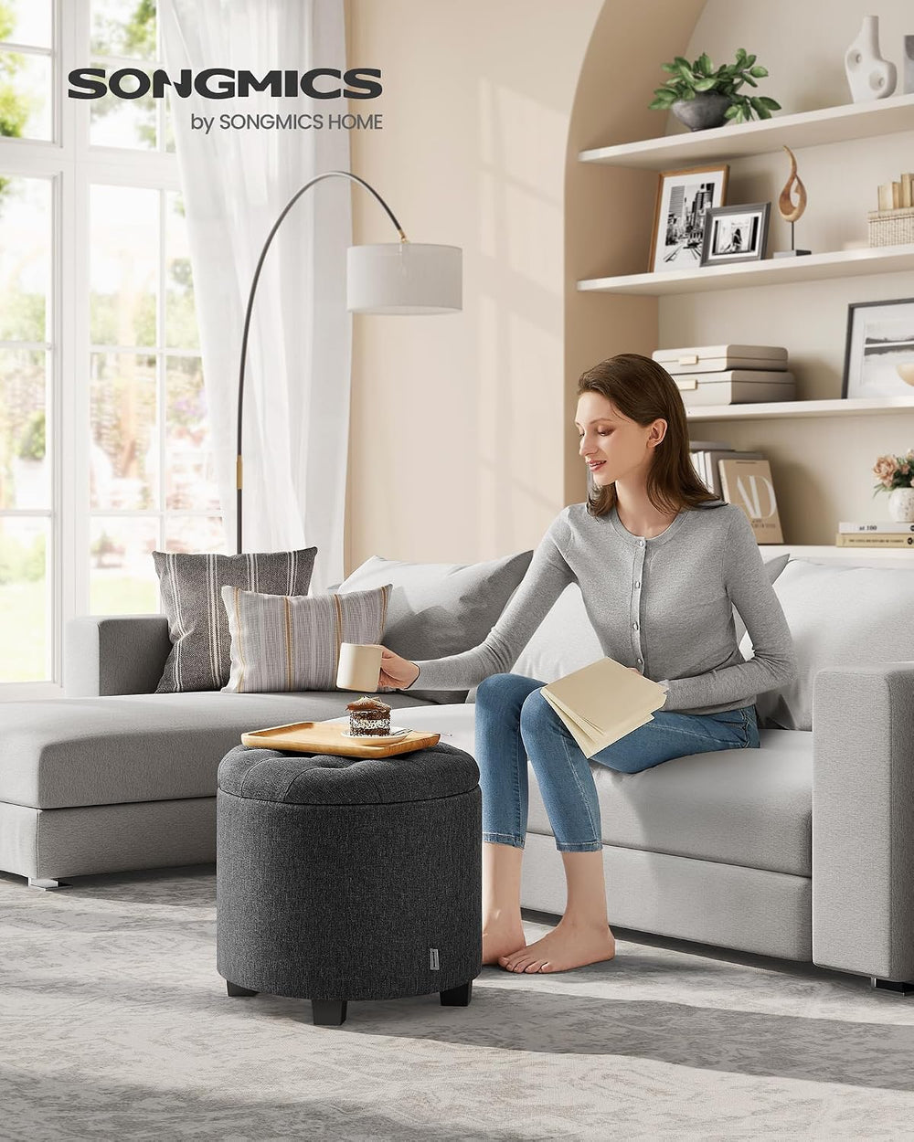 SONGMICS Round Ottoman with Storage, Vanity Stool, Linen-Look Fabric