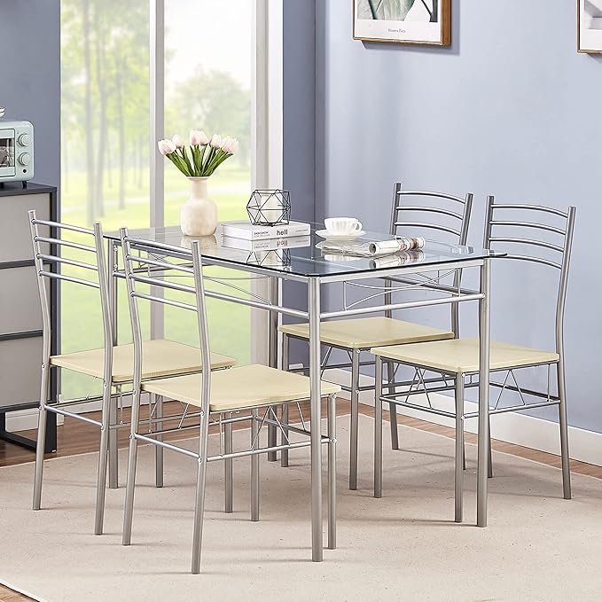 VECELO Kitchen Dining Room Table and Chairs 4, 5-Piece Dinette Sets, Space Sa...