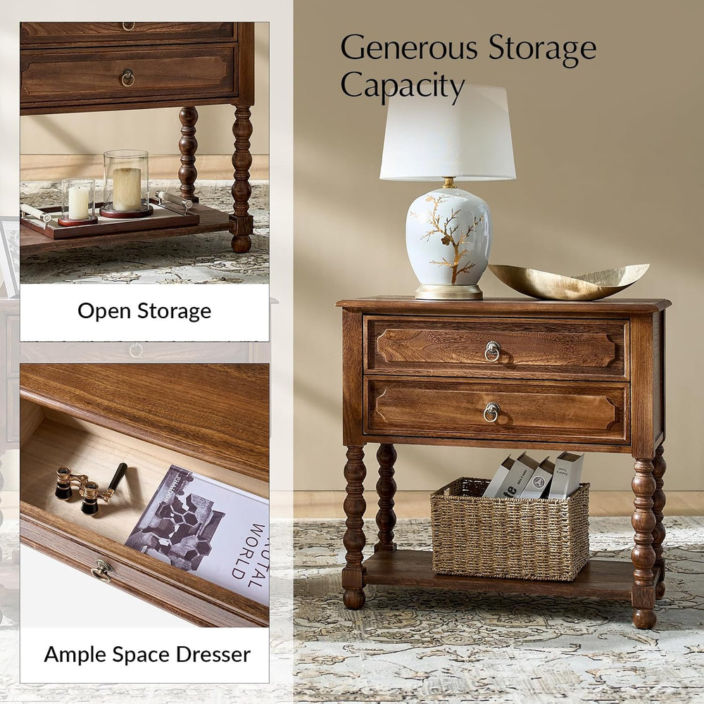 HULALA HOME Farmhouse Storage End Table Set of 2 with 2 Drawers and Open Shel...