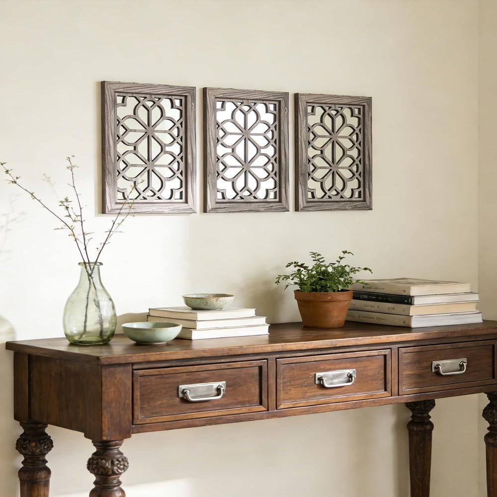 Set of 2 11x15 Inch Rectangular Shatterproof Brown Decorative Wall Mirrors, B...