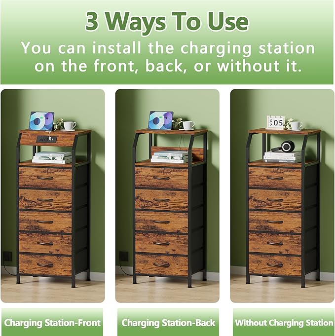 Furnulem 5 Drawers Dresser with Charging Station, Tall Night Stand with Stora...