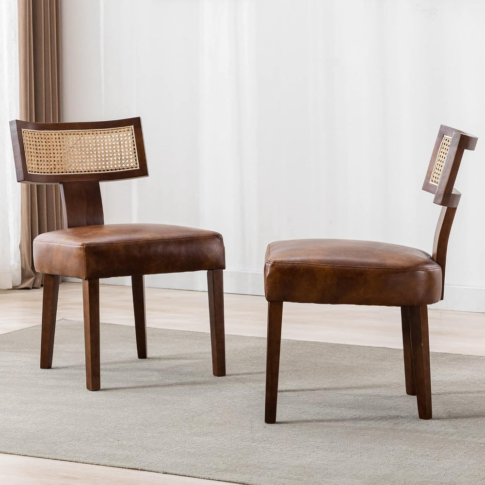 Modern Rattan Back Dining Chairs Set of 2 Rattan Kitchen Chairs PU Leather Up...