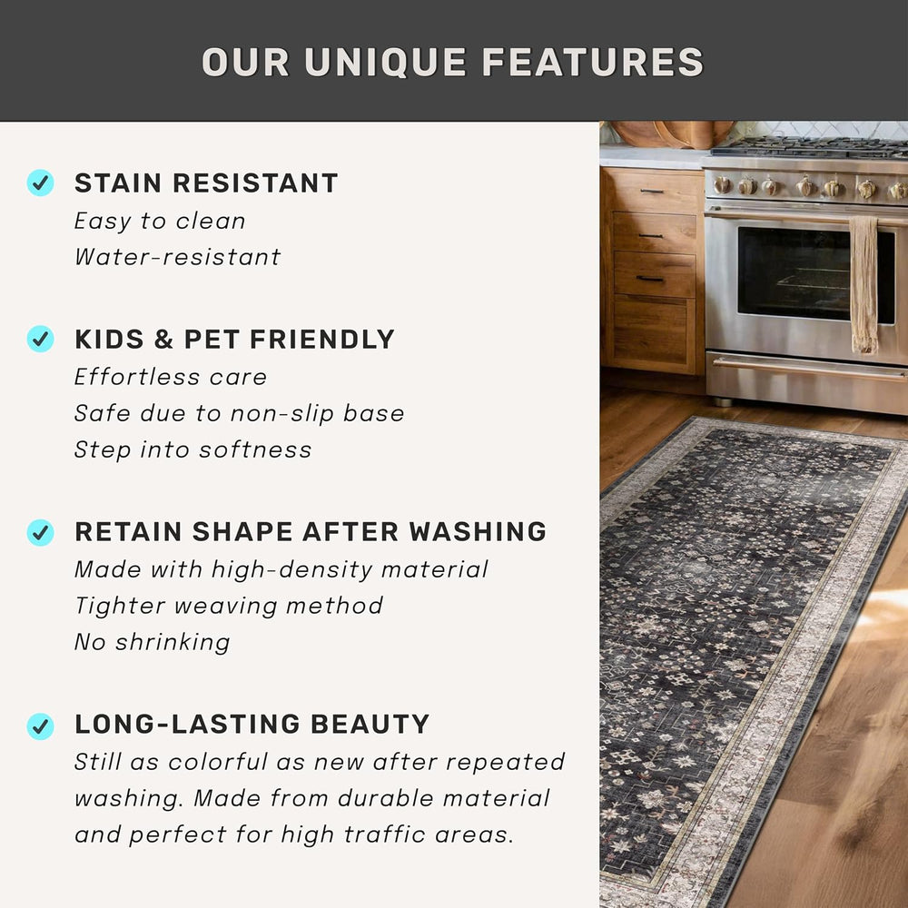 Boho Black Rug for Living Room - Washable 10x14 Area Rug, Dining Room Rugs fo...