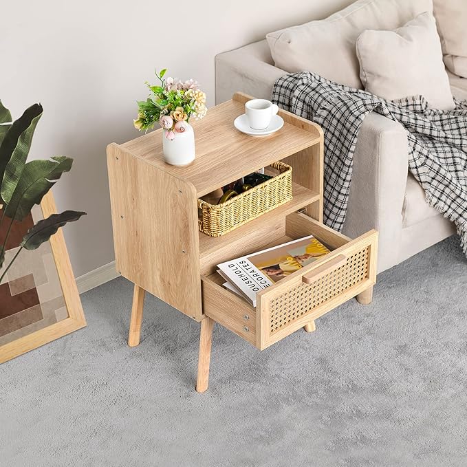 Lerliuo Rattan Nightstands Set of 2, Boho Side Table with Drawer Open Shelf, ...