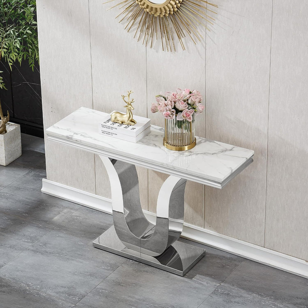 SSLine Modern White Faux Marble Console Table Luxury Entryway Table with Silv...